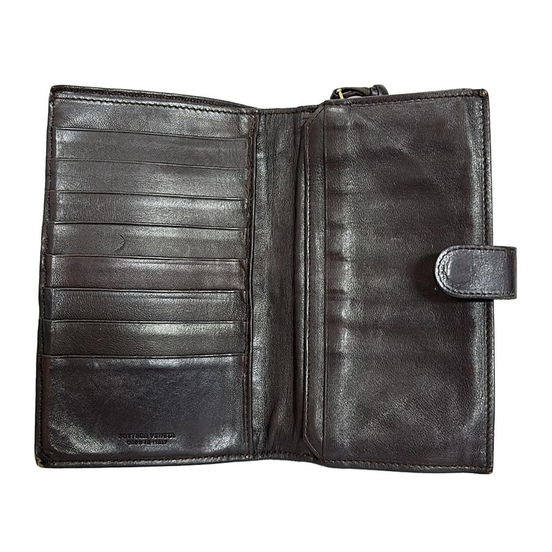 Bottega Veneta Bifold Wallet Intrecciato 114074 Dark Brown Round Zipper Leather