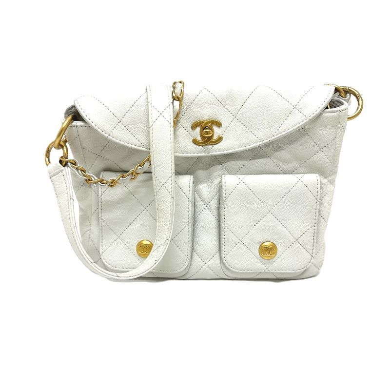 Chanel Shoulder Bag W Pocket As5384b Caviar Skin White