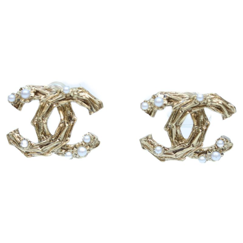 Chanel 14P GP Pearl Coco Mark Earrings Accessories Gold Ladies