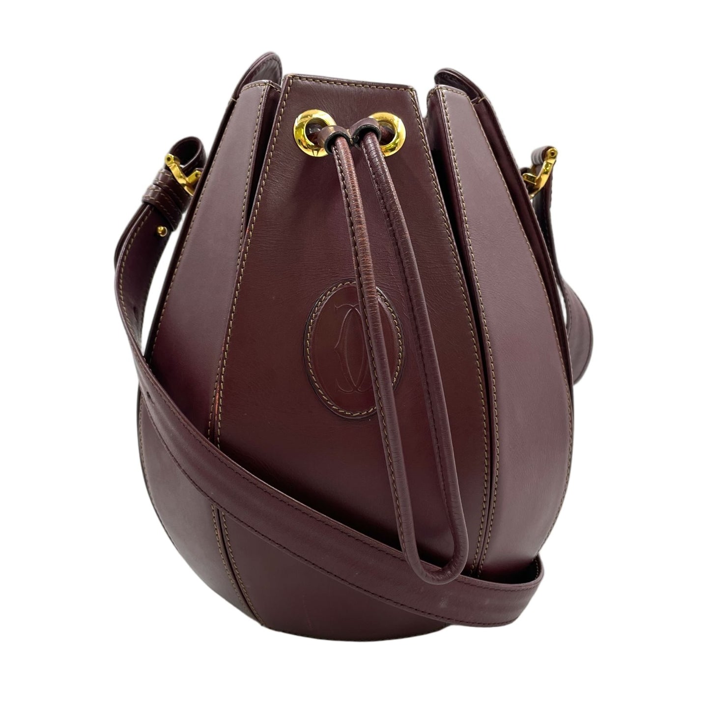Cartier Must Line Drawstring Leather Bordeaux Shoulder Bag Gold