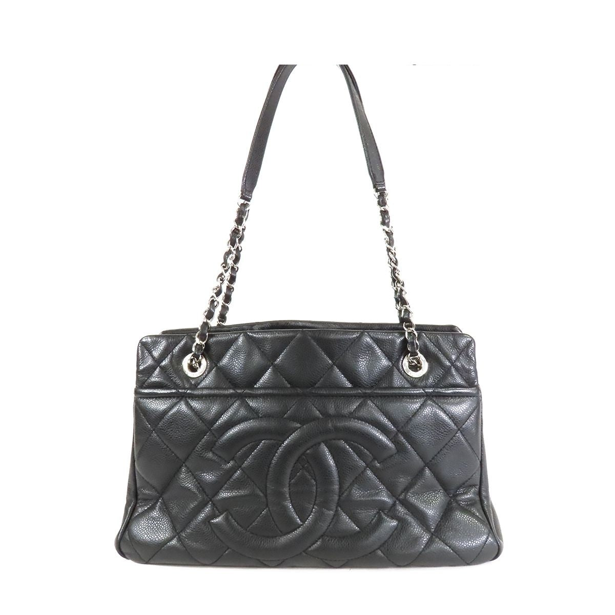 Chanel Big CC Logo Black Silver Caviar Leather Tote Shoulder Bag