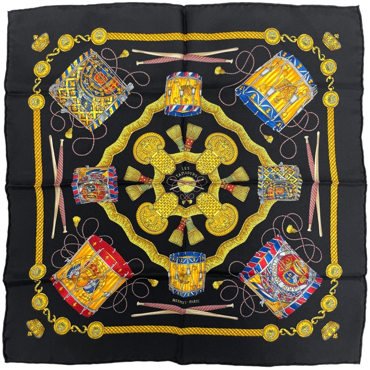 Hermes Carre 40 les Tambours Tambour Drum Crown Scarf Silk Black Multicolor