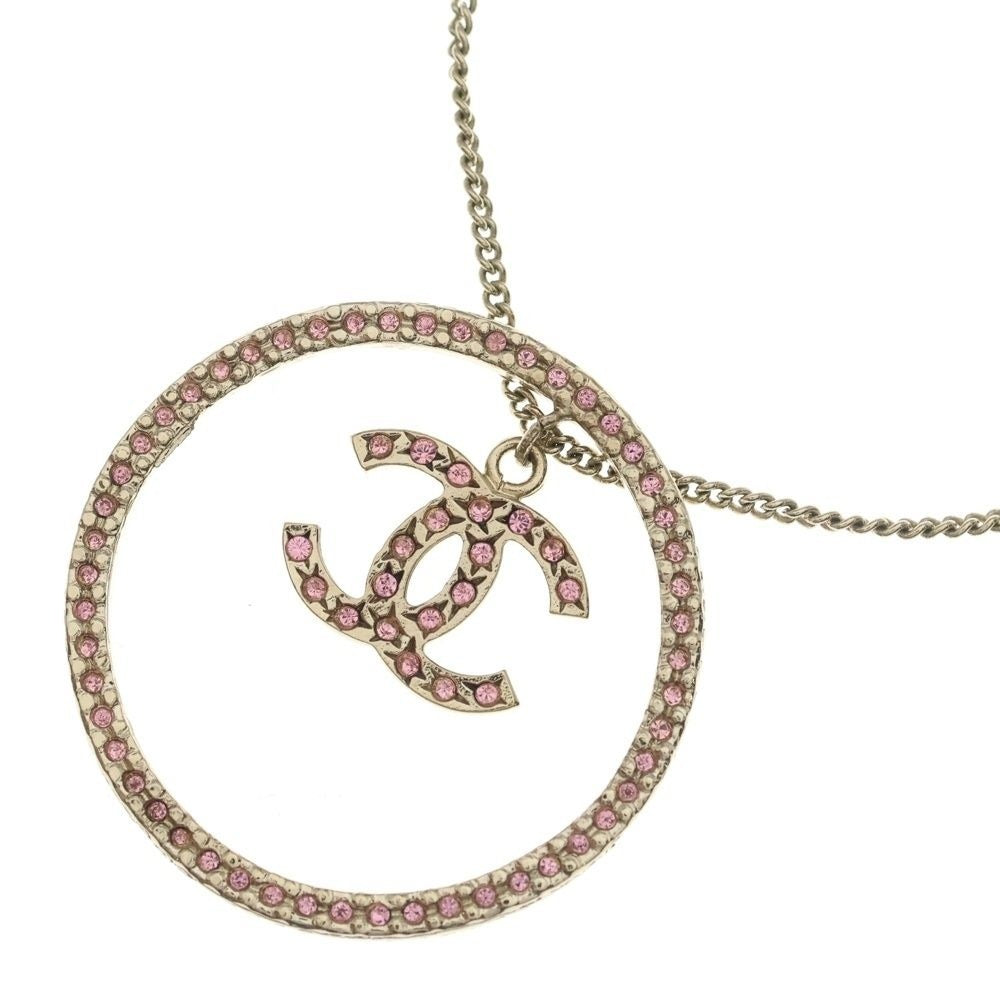 Chanel CC Logo Pink Rhinestone Necklace Pendant Chain Gold Earrings