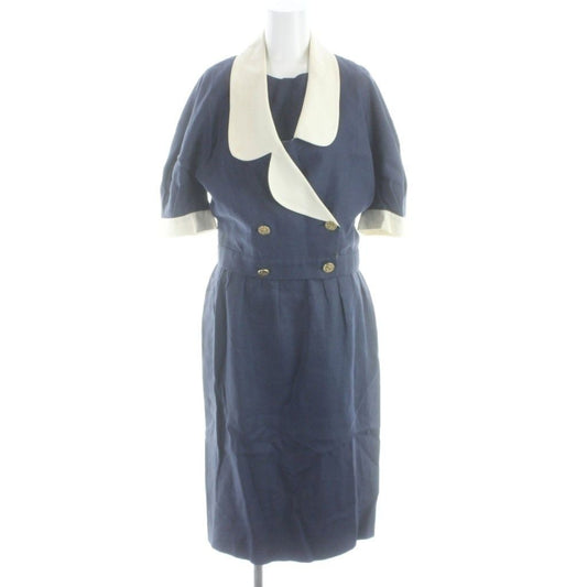 Chanel Vintage Set Jacket Double Sleeveless Dress Knee Length Linen Gold