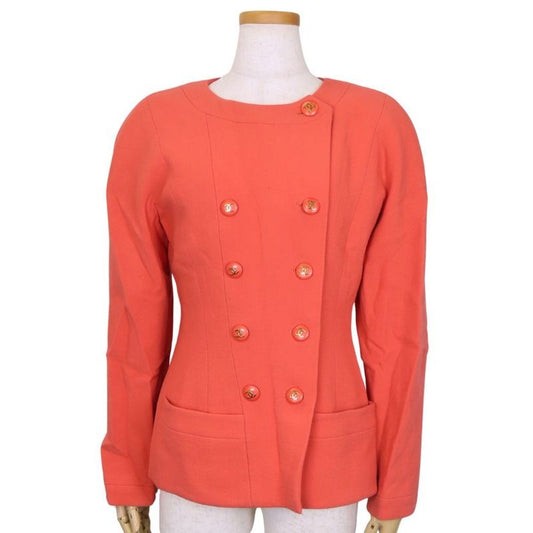 Chanel Collarless Jacket Coco Mark 36 Wool Silk Pink Double Apparel