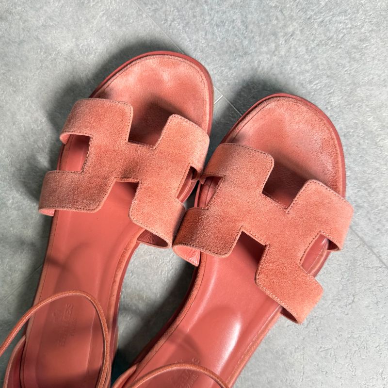 Hermes Santoni Strap Sandals Flat Shoes Coral Orange Suedeleather 38 25cm