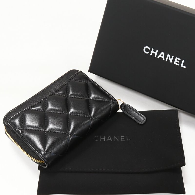 Chanel Coin Case Matelasse Classic Zip Coin Purse Lambskin Black Gold Hardware