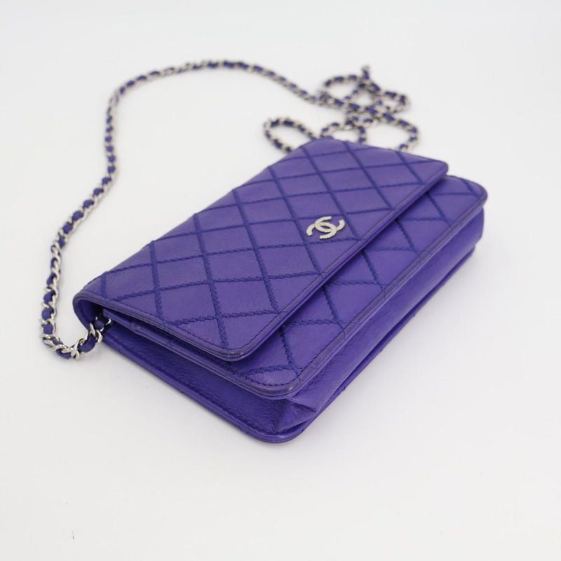 Chanel Chain Wallet Shoulder Bag Women Leather Blue