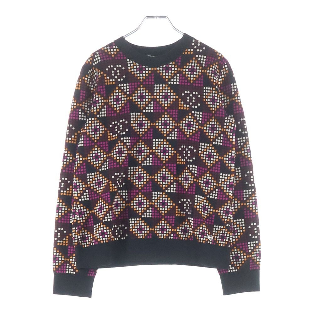 Chanel Geometric CC Logo Mini Plate Crew Neck Cotton Knit Sweater Black