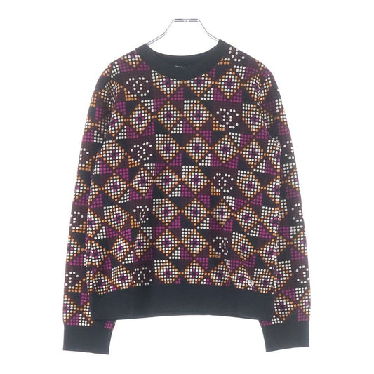 Chanel Geometric CC Logo Mini Plate Crew Neck Cotton Knit Sweater Black