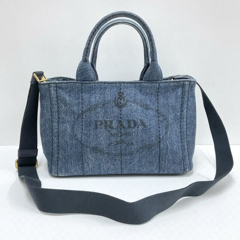 Prada Mini Canapa Tote 2-Way Shoulder Bag Denim Navy Gold