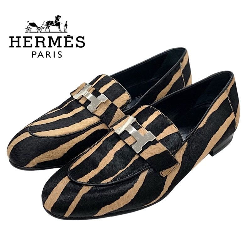 Hermes Paris Loafers Flat Shoes Moccasins Zebra Hhardware Haraco Brown