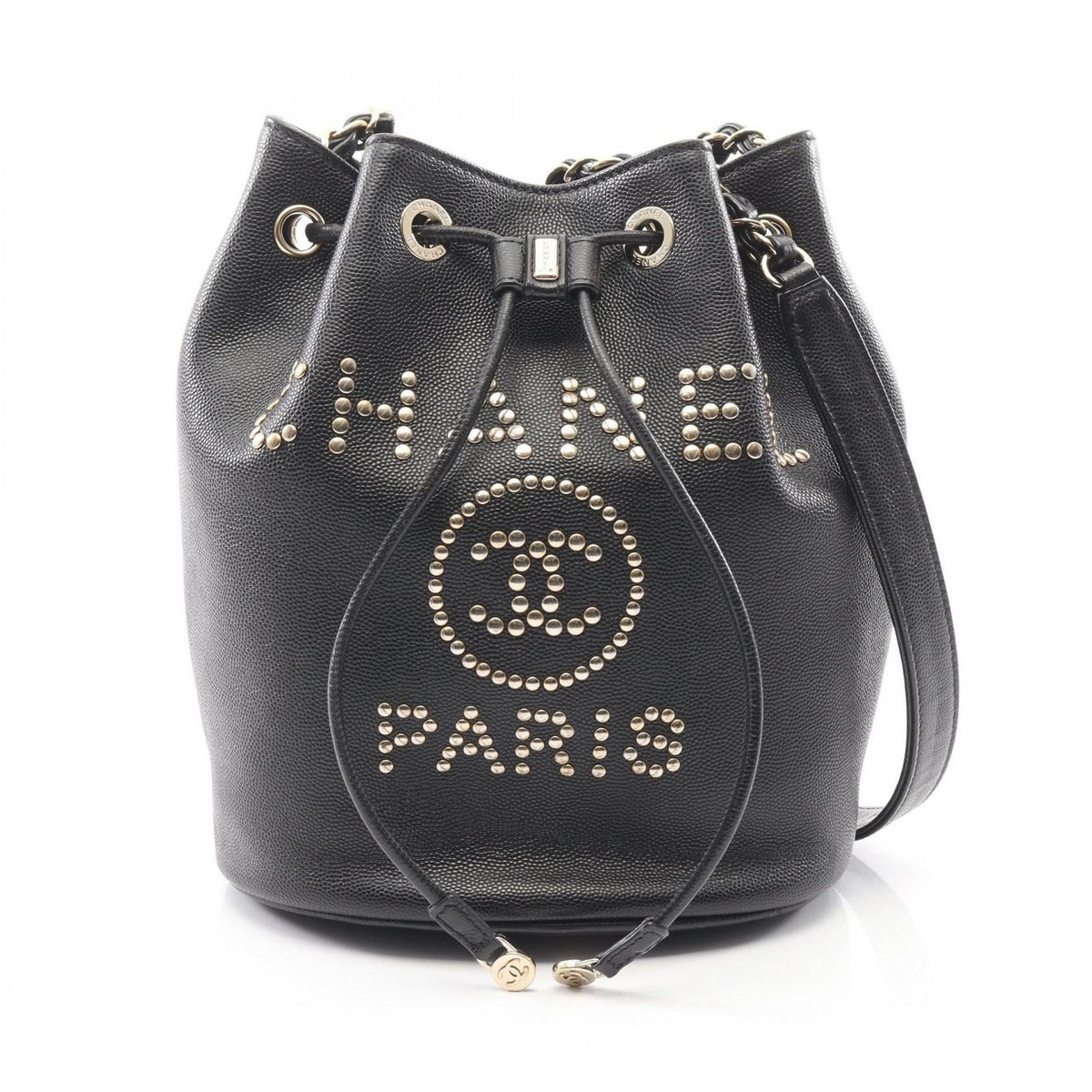 Chanel Shoulder Bag Deauville Black Leather Logo Stud
