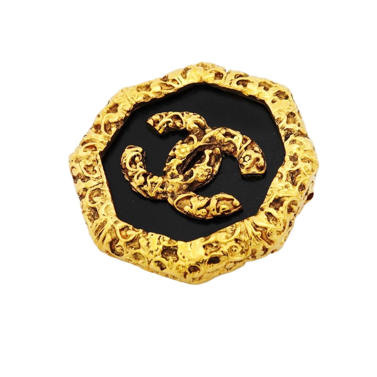 Chanel Brooch Vintage CC Logo Lava Motif Gold Plated Black Cles — view 2