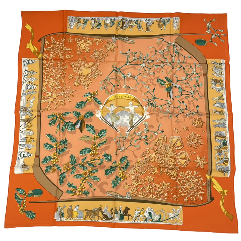 Hermes Carre 90 Neige D'antan Last Year's Snow 100% Silk Scarf Orange