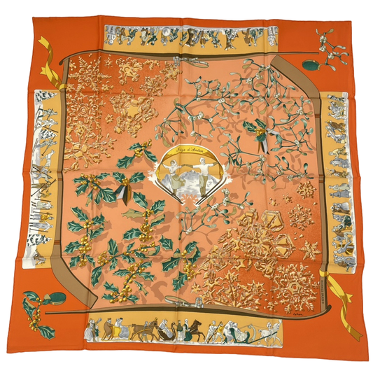 Hermes Carre 90 Neige D'antan Last Year's Snow 100% Silk Scarf Orange