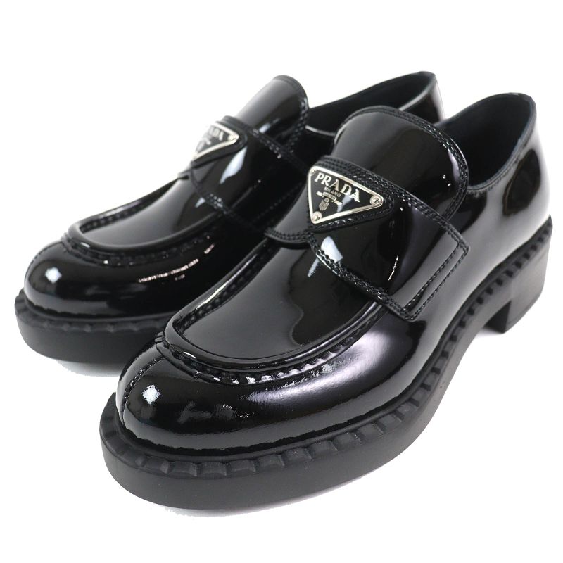 Prada 1d246m Chocolate Triangle Logo Patent Leather Loafers Black 34.5 W/box/sto