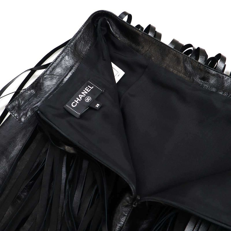 Chanel 2022 Resort Collection Cow Leather Fringe Skirt P71965c2466 Black 38