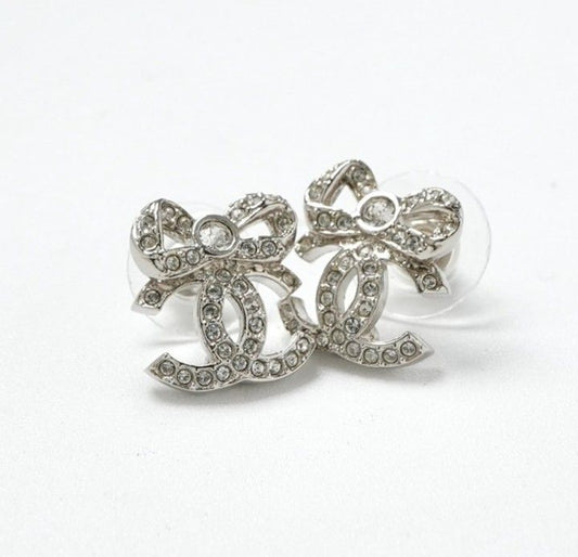 Chanel Earrings Earring Silver Coco Mark Ribbon Rhinestone