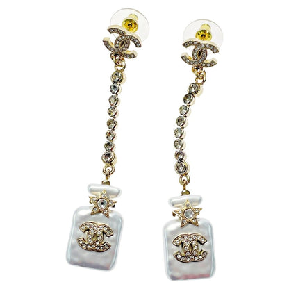 Chanel Perfume Bottle Swing Earrings Gold Coco Mark GP Rhinestone Fake