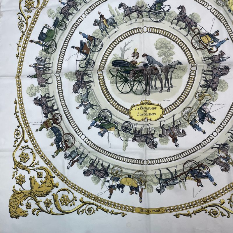 Hermes Carre 90 Promenade LA Promenade DE Longchamps Scarf Silk White