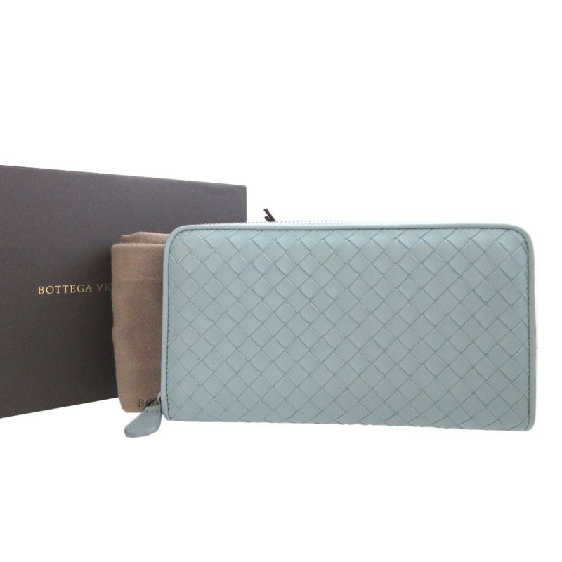 Bottega Veneta Intrecciato Leather Light Blue Round Zipper Long Wallet 1370