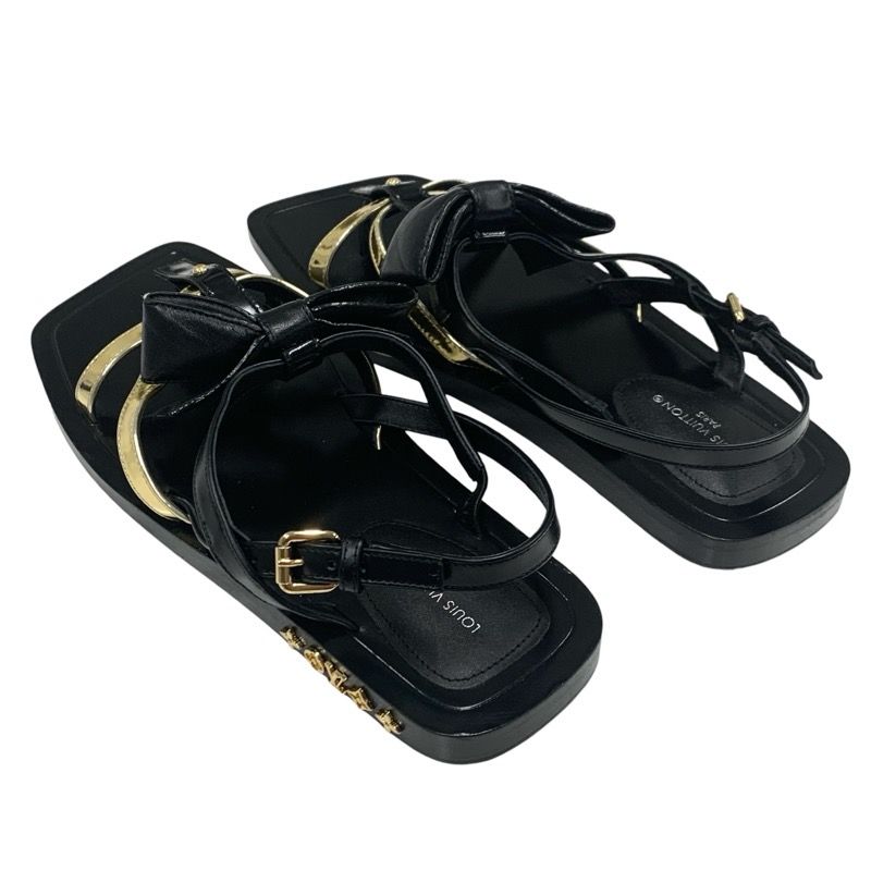 Louis Vuitton Peplum Line Sandals Shoes Leather Black Gold Black Ribbon Flat