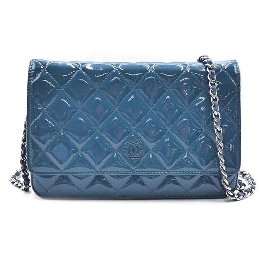 Chanel Quilted Chain Wallet Enamel Blue Shoulder Bag Silver