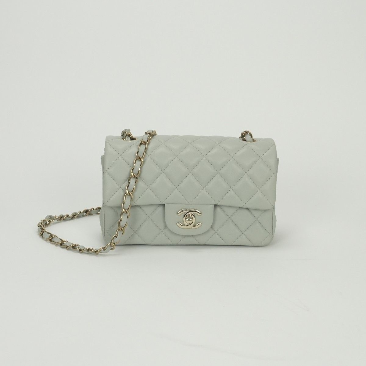 Chanel Quilted 20 Mini Shoulder Bag Lambskin Light Gray Silver Turnlock CC Logo