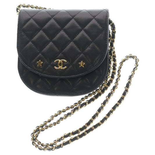 Chanel CC Logo Half Moon Flap Chain Shoulder Bag Black Caviar Leather Gold
