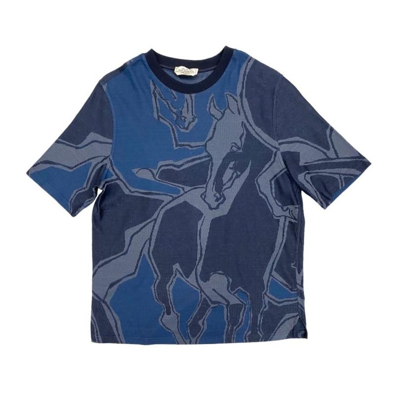 Hermes Short Sleeve T Shirt Horse Pattern Deer Pattern S Size Cotton Navy 22ss