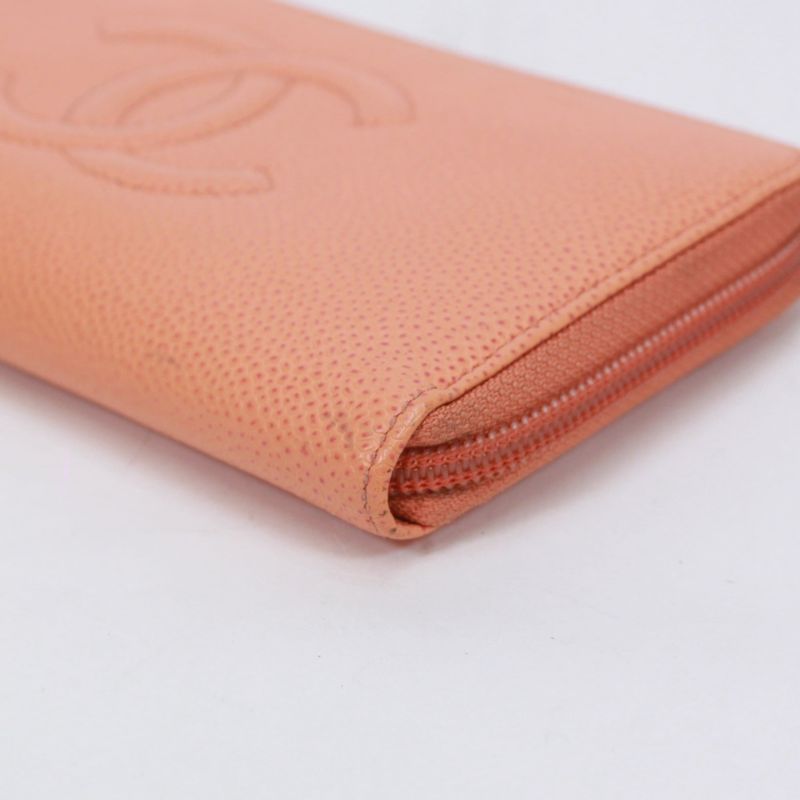 Chanel Coco Mark Round Zip Wallet Caviar Skin Orange Wallet Silver