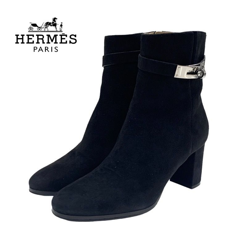 Hermes Saint Germain Boots Short Boots Shoes Suede Black Silver Kelly Hardware