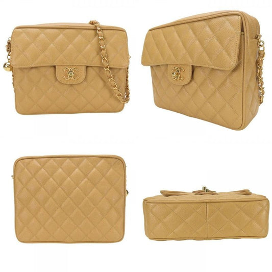 Chanel Shoulder Bag Quilted Caviar Leather Beige Gold Hardware 2 nd