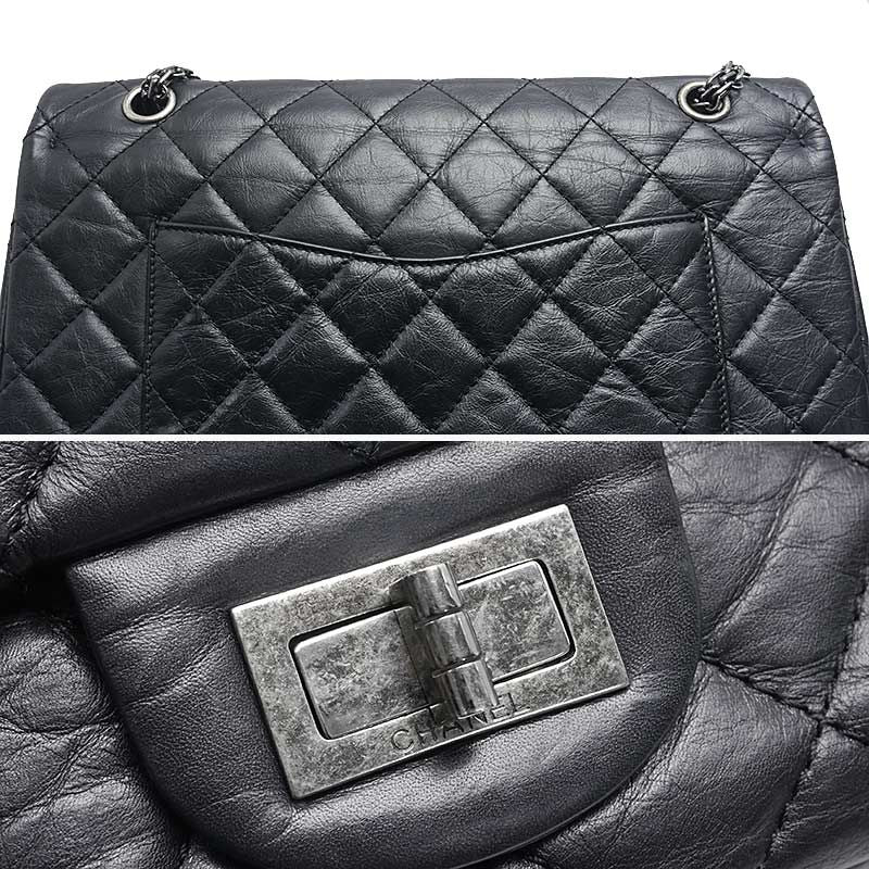 Chanel 2.55 Chain Shoulder Bag Black Calf Silver Hardware