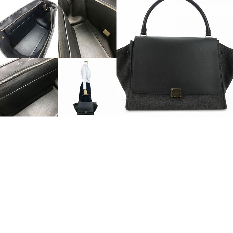 Celine Handbag Trapeze Leather Wool Black Gray Shoulder Women Celine