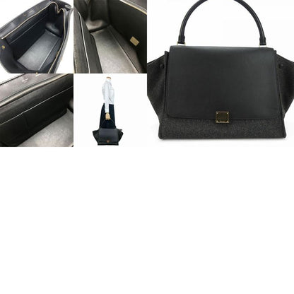 Celine Handbag Trapeze Leather Wool Black Gray Shoulder Women Celine