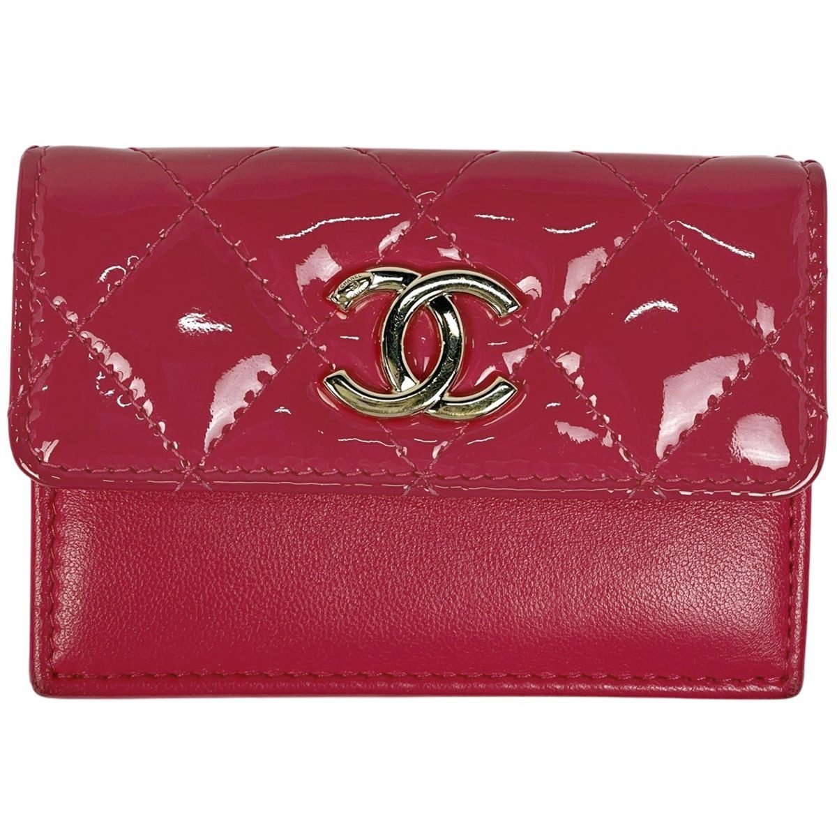 Chanel CC Logo Trifold Wallet Compact Quilted Enamel Leather Pink