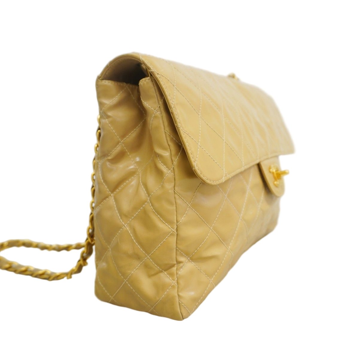 Chanel Shoulder Bag Quilted Patent Leather Beige Gold — view 2