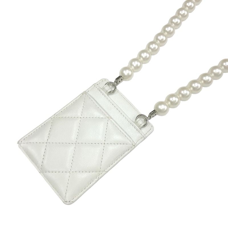 Chanel Card Case Card Holder Pass Case White Silver Coco Mark Charm Matelasse