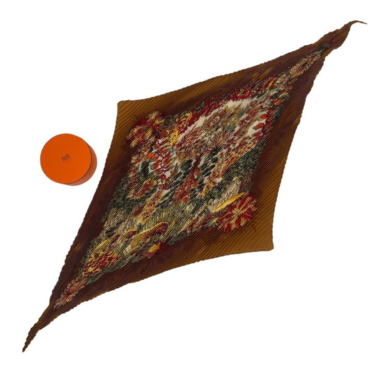 Hermes Scarf Pleated Silk Plant All Over Pattern Brown