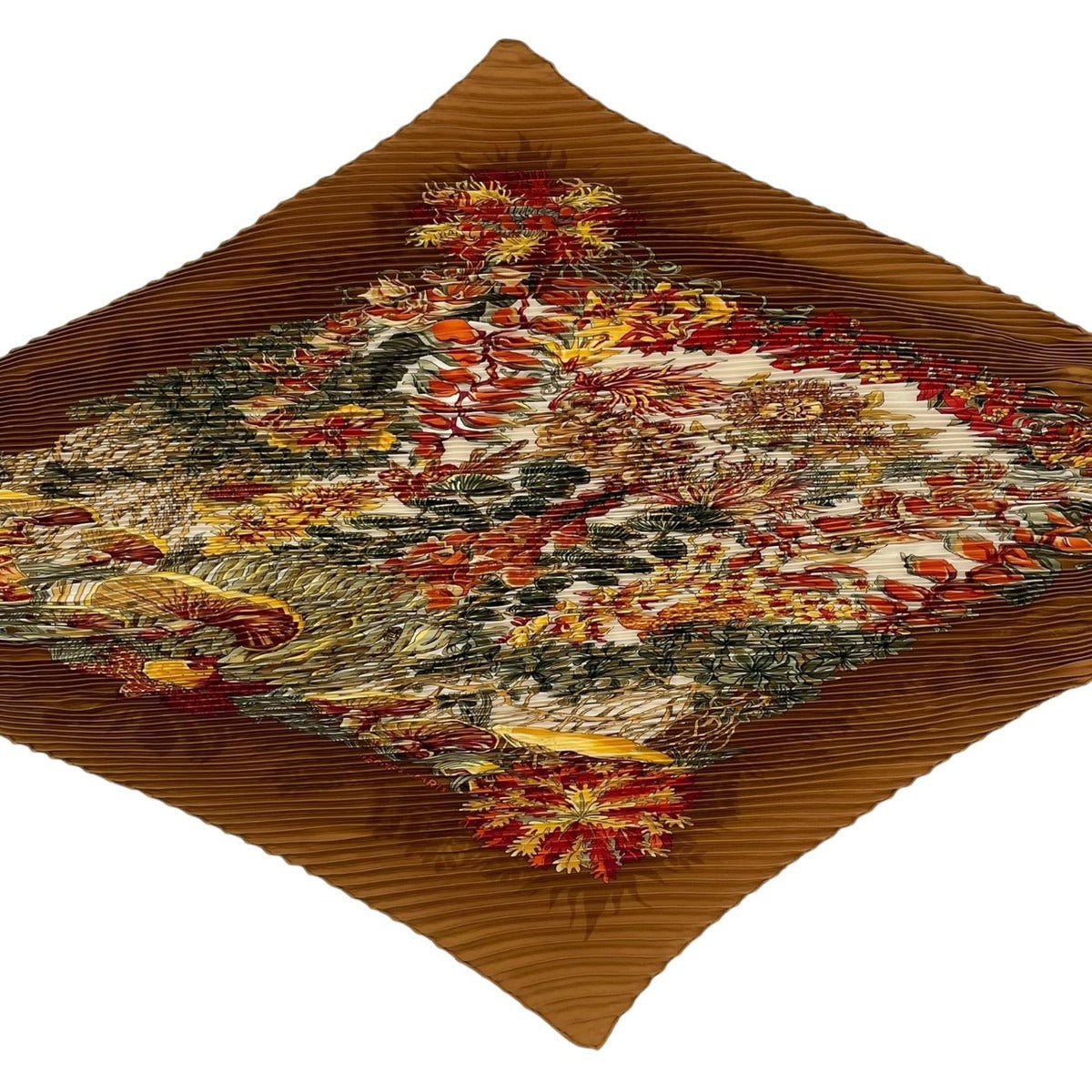 Hermes Scarf Pleated Silk Plant All Over Pattern Brown — view 4