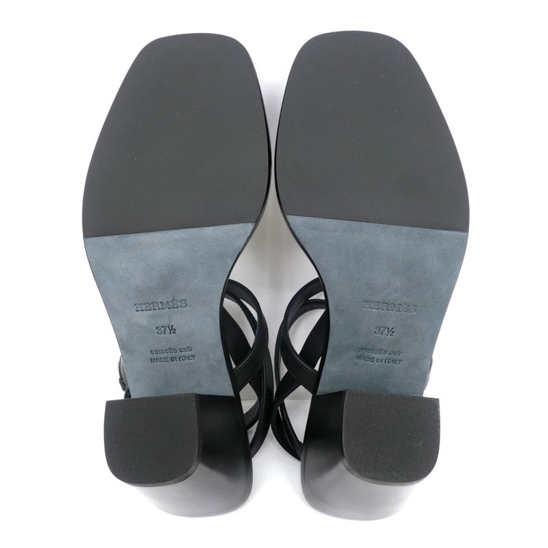 Hermes Sandals Eveless BK Svhardware 37 1 2 Leather Ankle Strap Women's