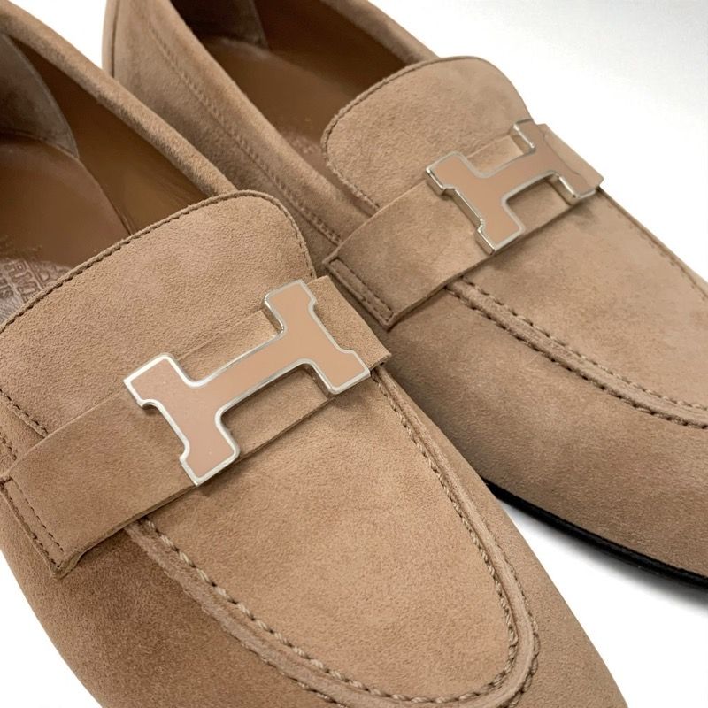 Hermes Paris Loafer Leather Shoes Suede Beige Unused Hhardware Moccasin Flat