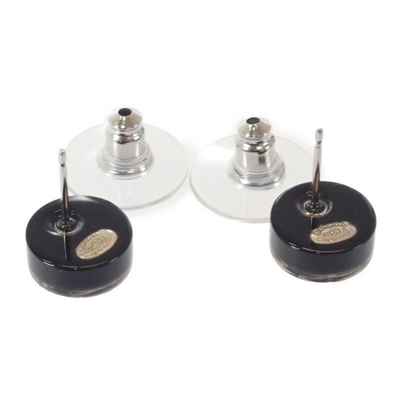 Chanel CC Round 17A Earrings Rhinestone Black Silver Hardware Ladies [AB Rank]