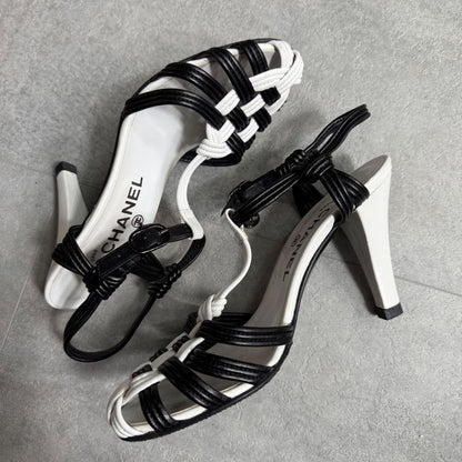 Chanel Coco Mark Charm Braided Leather Sandals Black White Bicolor 35 22cm