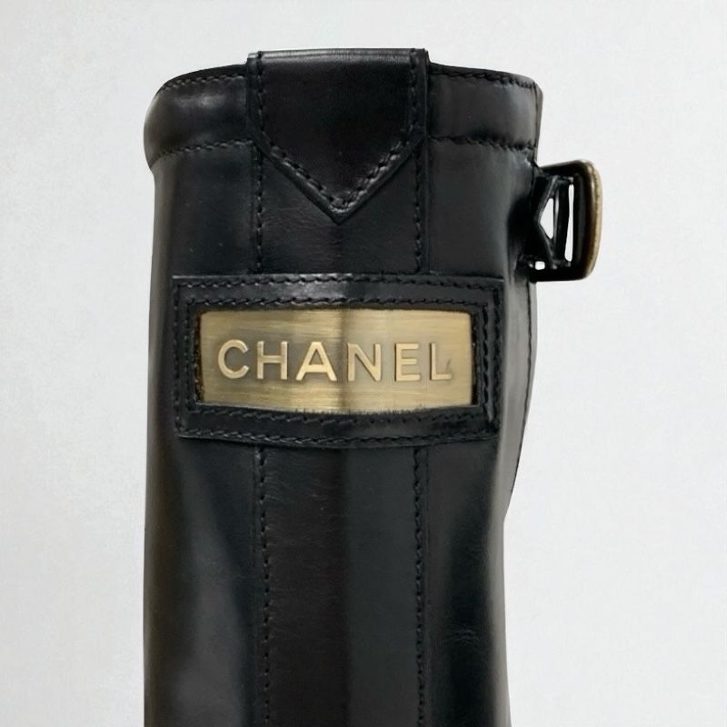 Chanel Boots Long Boots Shoes Leather Patent Black Gold Logo