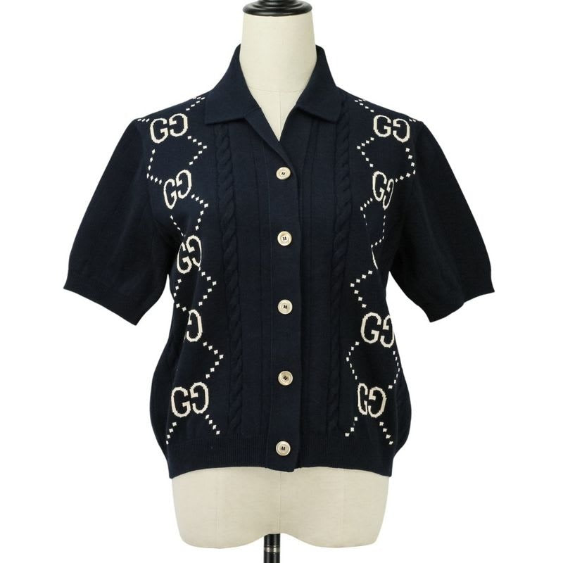 Gucci GG Intarsia Short Sleeve Knit Cardigan Size S Navy 25SS