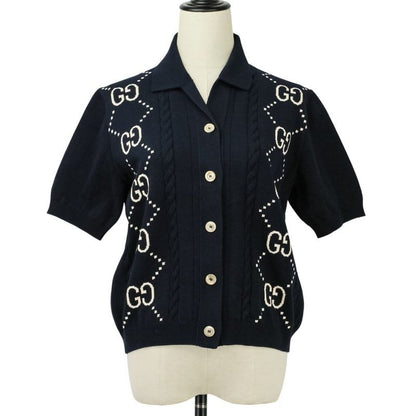 Gucci GG Intarsia Short Sleeve Knit Cardigan Size S Navy 25SS