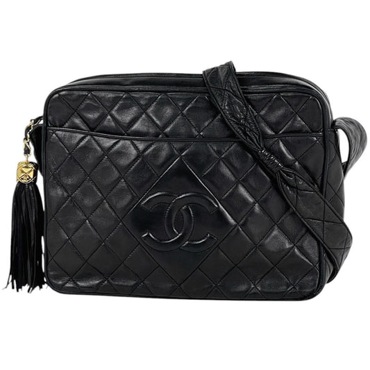 Chanel CC Logo Fringe Shoulder Bag Tassel Quilted Leather Black
